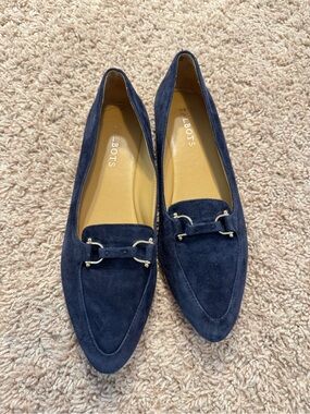 Talbots Francesca Navy Blue Suede Driving Flats Loafers Metal Link Size 7